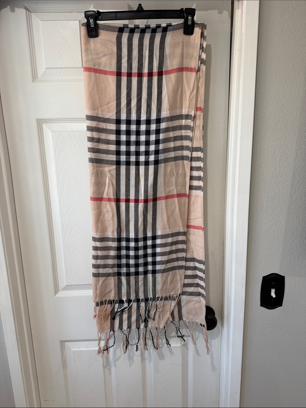 Classic Plaid Fringe Scarf in Beige, Black & Red